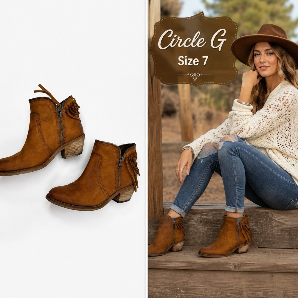 Circle G Brown Leather Boho Western Ankle Boots Fringe Zip Stacked Heel Sz 7